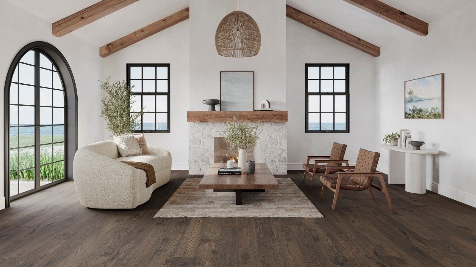 Living room with a dark-stained hardwood floor