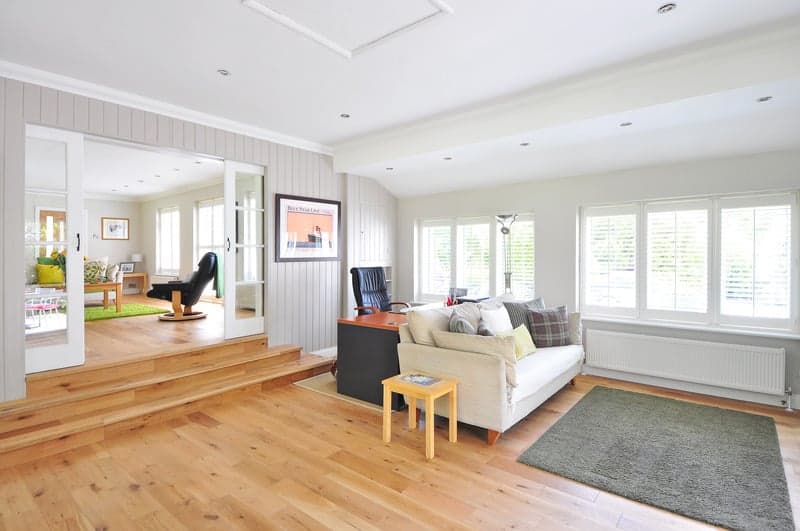 Sunny living room with a honey oak floor